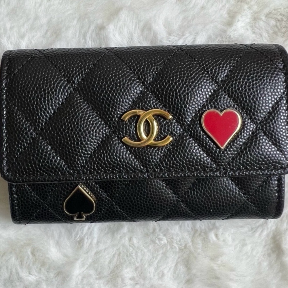 CHANEL Caviar Leather Heart Spade Tri-fold Wallet ♠️